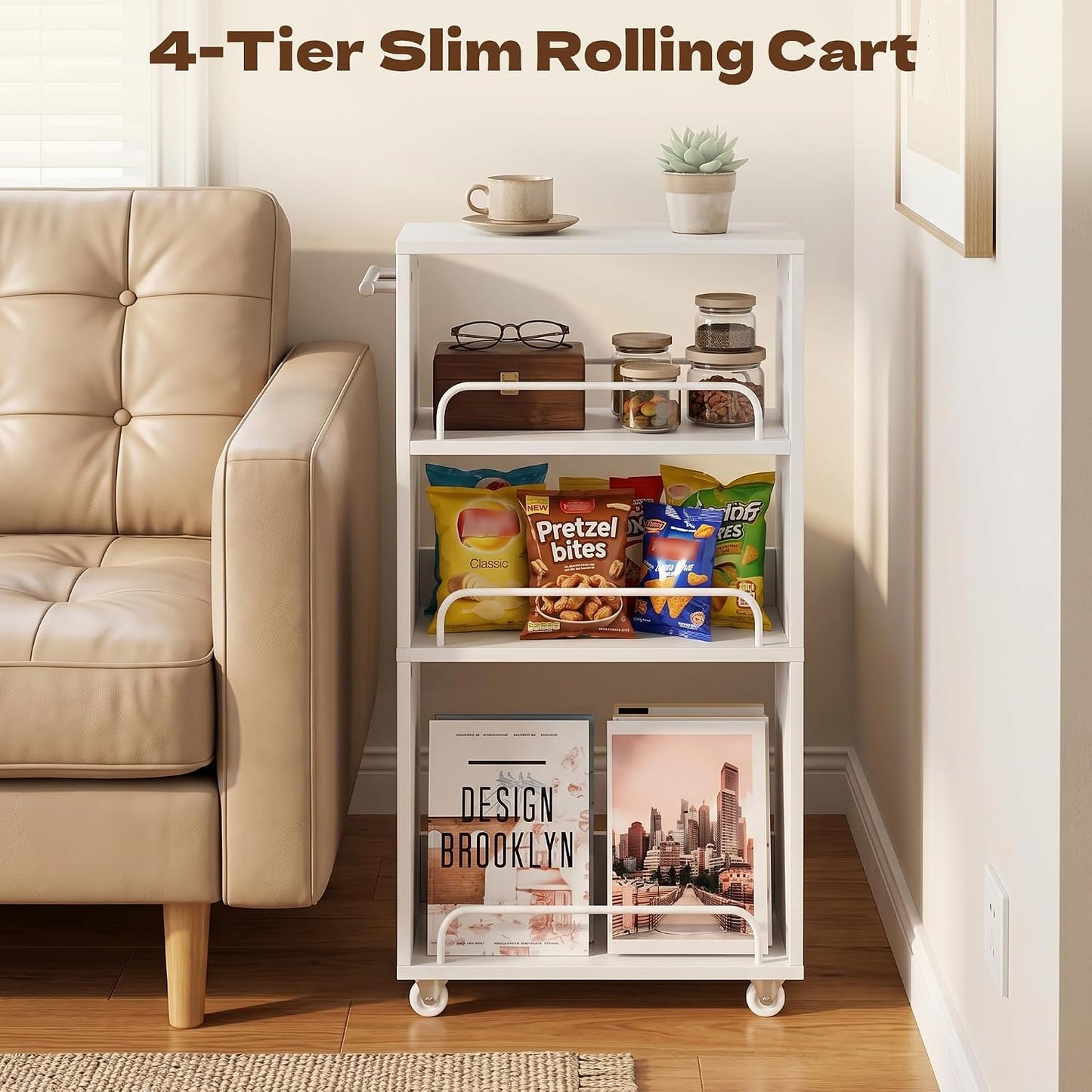 Slim Rolling Storage Cart,4 Tier White Rolling Utility Cart Slide Out Rack | Narrow Spice Rack Organizer Trolley for Kitchen Bathroom Larundry Small Corner 7.7inch wide