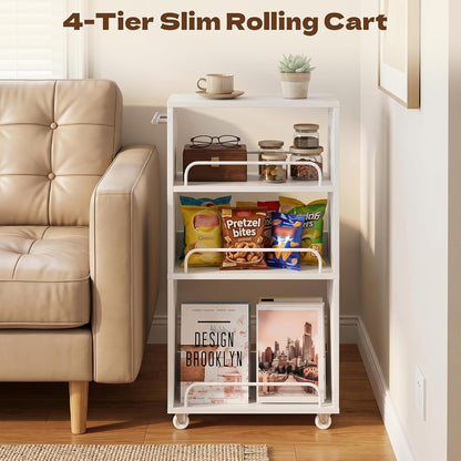Slim Rolling Storage Cart,4 Tier White Rolling Utility Cart Slide Out Rack | Narrow Spice Rack Organizer Trolley for Kitchen Bathroom Larundry Small Corner 7.7inch wide