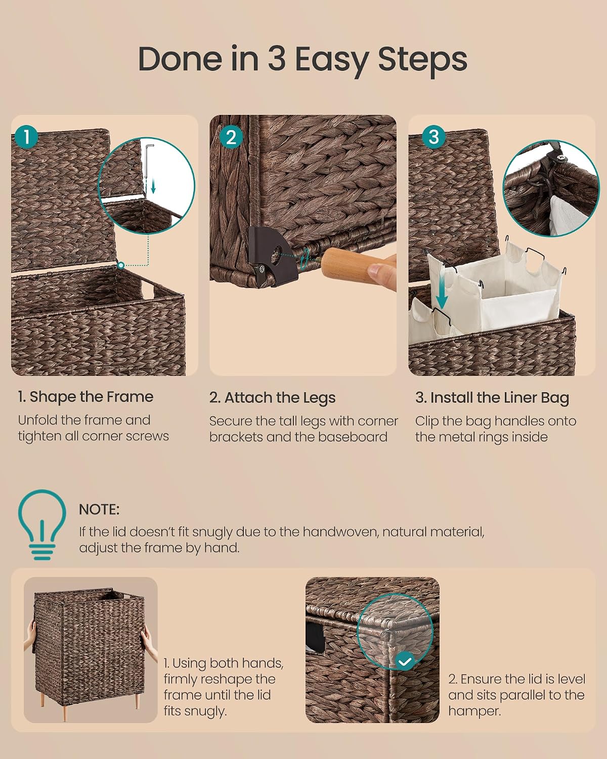 SONGMICS Laundry Hamper 3 Sections, 47.5 Gal. (180 L) Handwoven Water Hyacinth Wicker Laundry Basket with Lid, Natural Material, Removable Machine Washable Liners, Handles, Natural ULCB203Y01