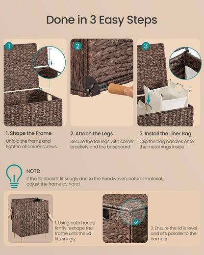 SONGMICS Laundry Hamper 3 Sections, 47.5 Gal. (180 L) Handwoven Water Hyacinth Wicker Laundry Basket with Lid, Natural Material, Removable Machine Washable Liners, Handles, Natural ULCB203Y01