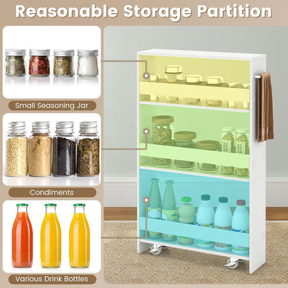 COSTWAY Slim Rolling Storage Cart, 4-Tier Rolling Utility Cart, Wood Kitchen Storage Cart with Handle & Wheels, Narrow Rolling Shelving Unit for Kitchen Bathroom Laundry Small Places (Plain White)