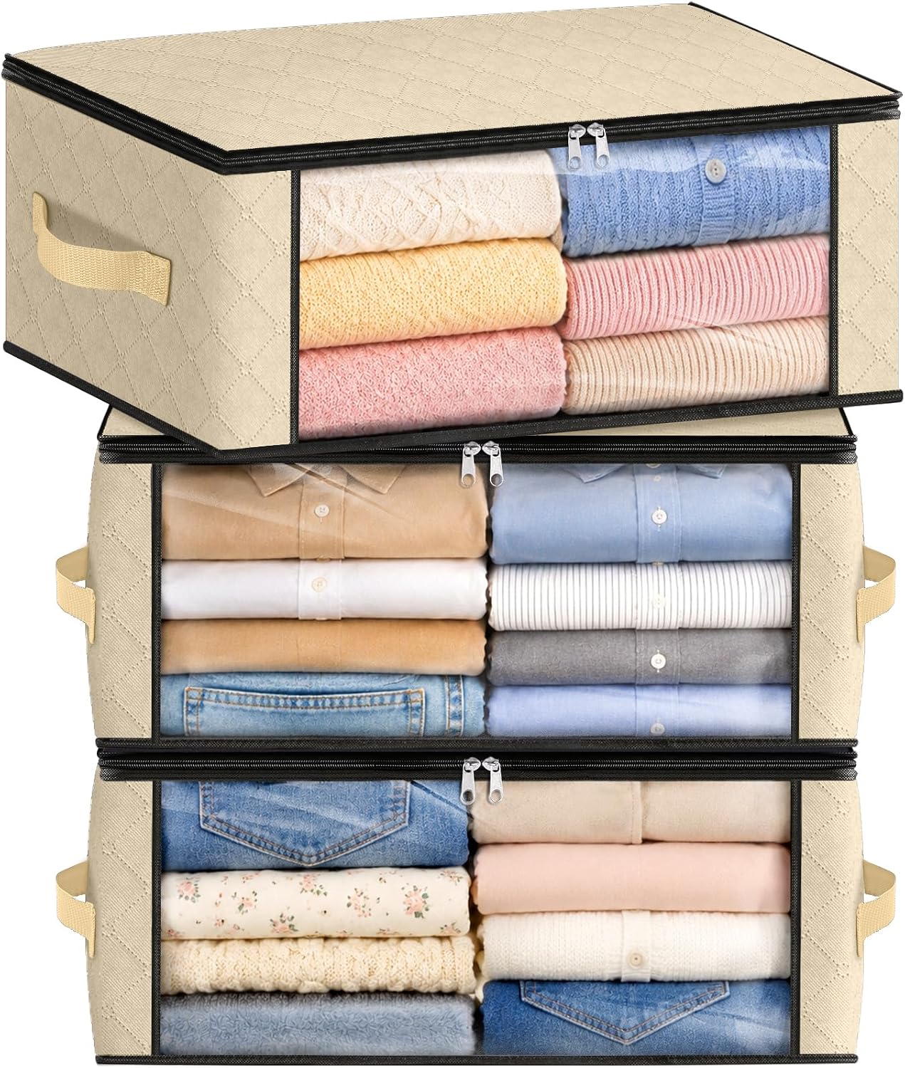 Fab totes 6 Pack Storage Bags for Clothes and Blanket, Foldable Closet Organizers and Storage with Zippers, Clear Window and Handles, Fabric Storage Bins for Sweater, Comforter, Bedding,Linen Sheets