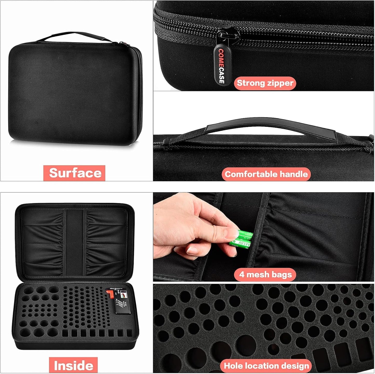 Comecase Battery Storage Case with Tester, Holds 148+ AA AAA C D 9V, Black | Hard-Shell Design, Carry Handle and Custom Foam Slots Keep Batteries Visible, Separated and Ready for Home, Garage or Office