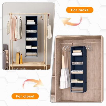 Hanging Closet Organizer 3-Shelf, Oxford Fabric Wardrobe Storage, Gray | Easy-mount foldable design holds clothes, handbags, shoes & accessories; washable Oxford fabric, sturdy and space-saving.