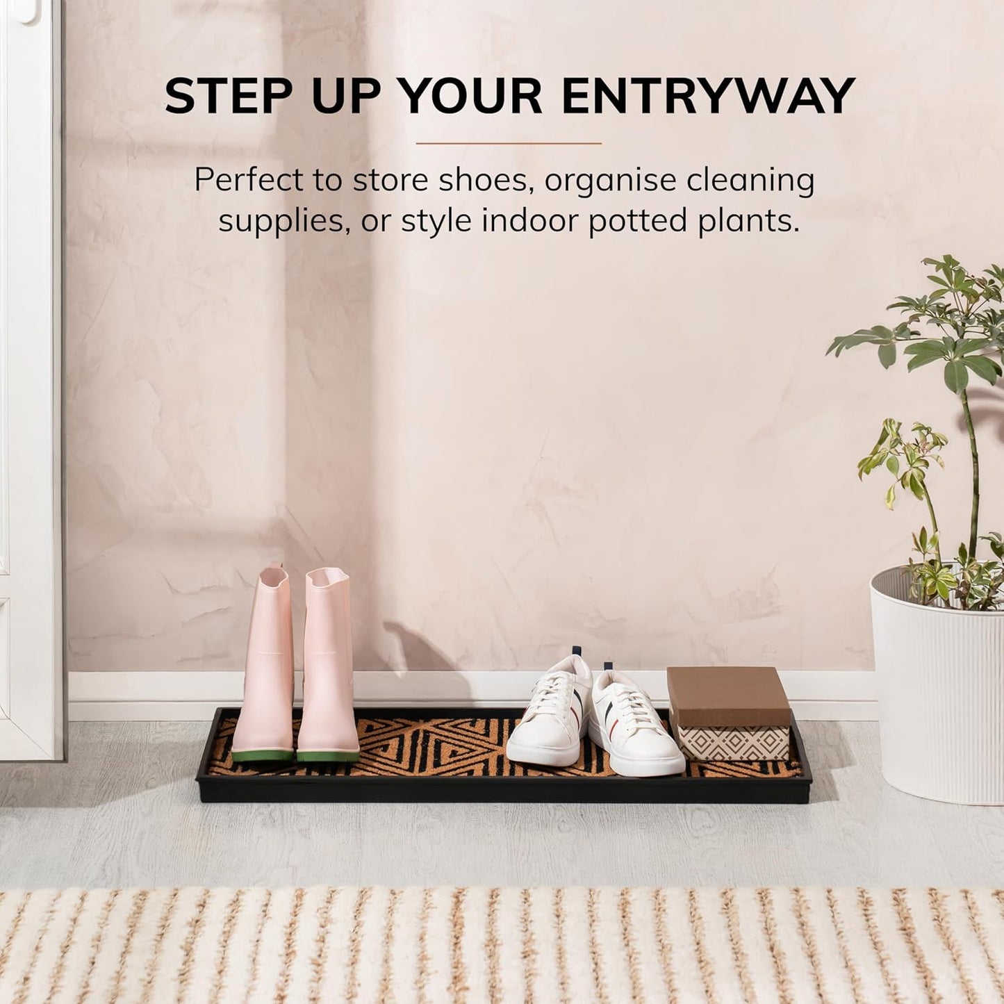Anji Mountain Heavy Duty Waterproof Rubber Shoe Storage Mat Organizer/Boot Storage Tray Multi Use for Entryway with Coir, Tan Insert, Fits 4 Pair (46.5" Wide)