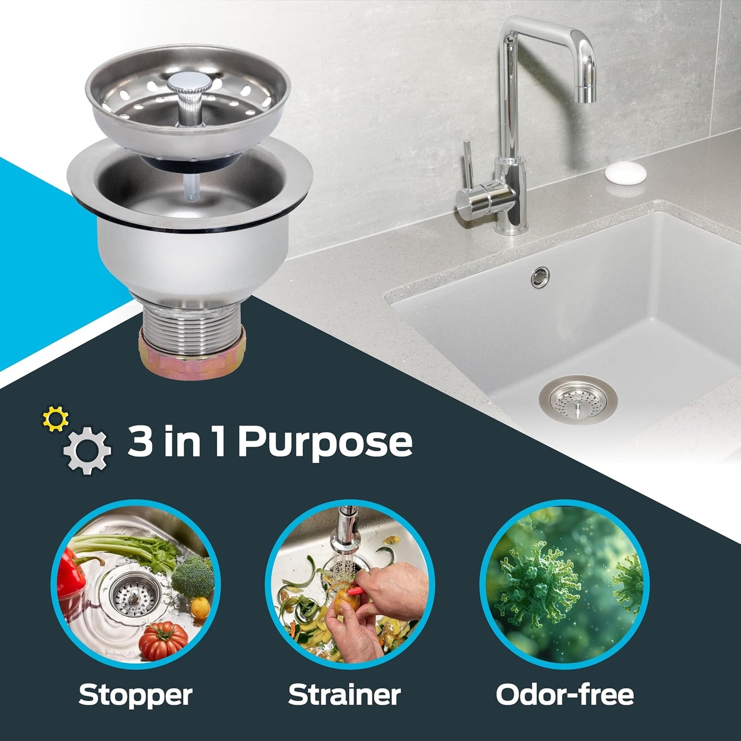 EZ-FLO Double Cup Kitchen Sink Drain Assembly, Sink Strainer fits 3-1/2 inch to 4 inch Opening, 1-7/8 inch Extended Shank, Stainless Steel, 30019