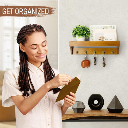 Rebee Vision Farmhouse Key Holder for Wall - Decorative Wooden Mail Organizer with 5 Rustic Key Hooks and Floating Shelf for Home Decor, Hallway, Entryway, Appartment (Retro Brown)