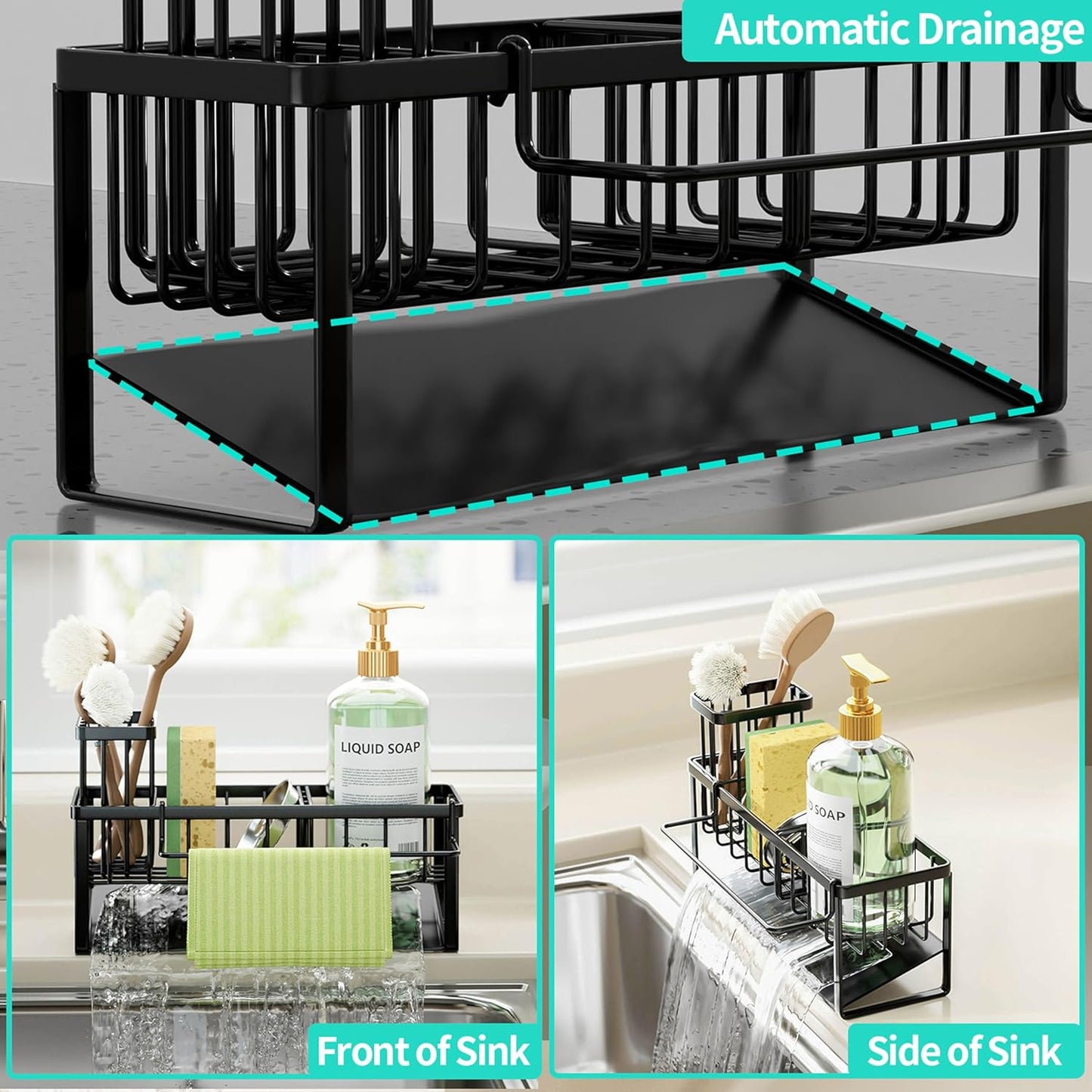 HapiRm Sponge Holder for Kitchen Sink - Self-draining Sink Caddy with Brush and Dishcloth Holders, Stainless Steel Kitchen Countertop Organizers and Storage Essentials - Black