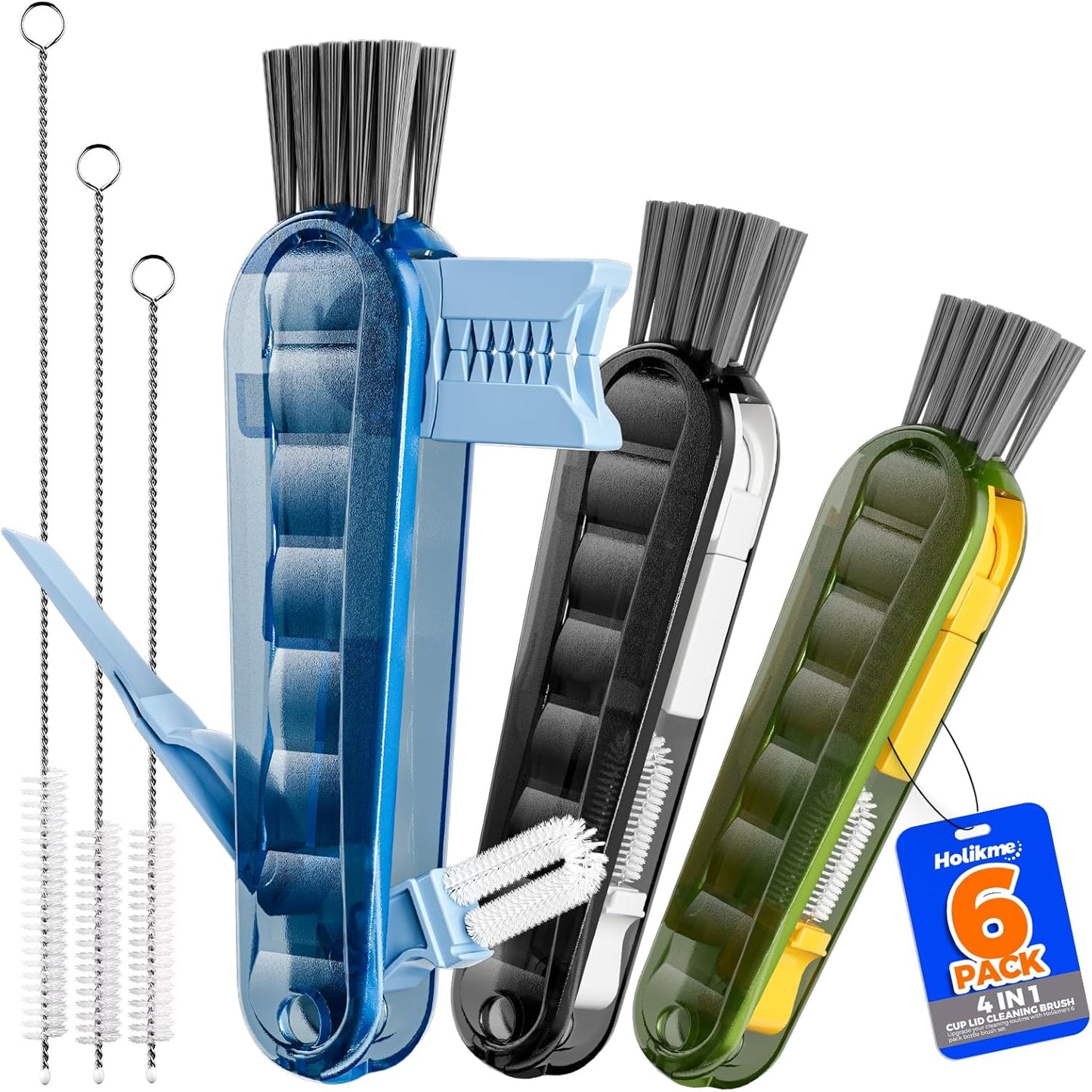6 Pack Holikme 4 in 1 Cup Lid Cleaning Brush Set with 3 Straws, Multifunctional Bottle Brush, Silicone Cup Lid Gap Cleaner, Bristle Crevice Cleaning Brush, Flat End Brushes, Navy & Black & Olive