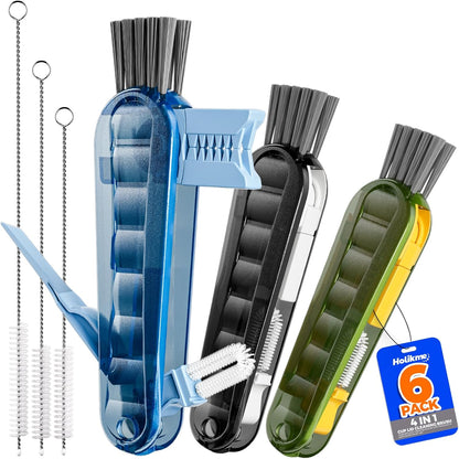 6 Pack Holikme 4 in 1 Cup Lid Cleaning Brush Set with 3 Straws, Multifunctional Bottle Brush, Silicone Cup Lid Gap Cleaner, Bristle Crevice Cleaning Brush, Flat End Brushes, Navy & Black & Olive