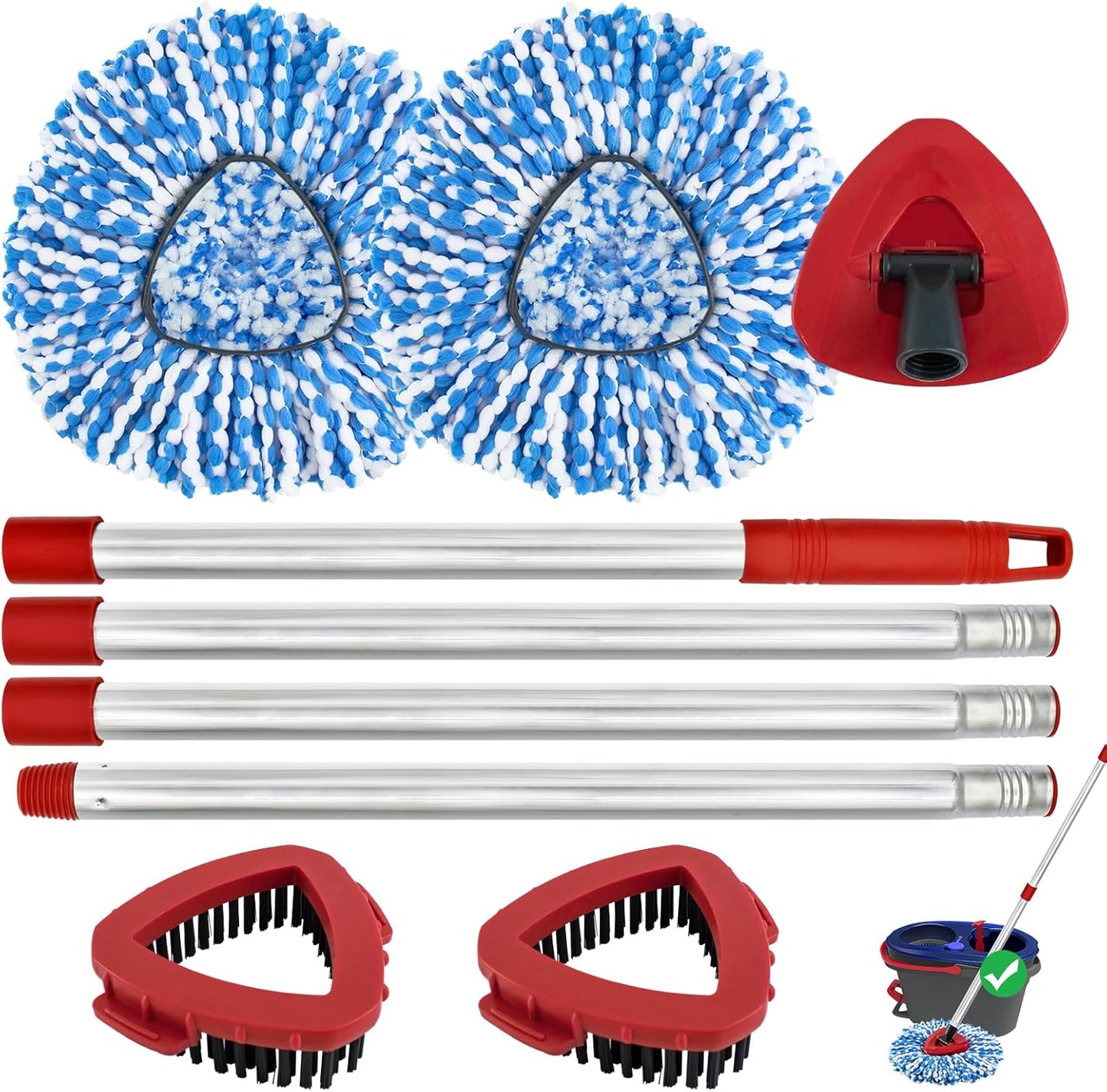 Spin Mop Handle,Mop Replace Heads,Brush and Base Compatible with O Cedar EasyWring 1 Tank,2 Microfiber Mop Refills and Brush,4-Section 30-58" Mop Handle,Mop Base Combo Set for Wet/Dry Floor Cleaning