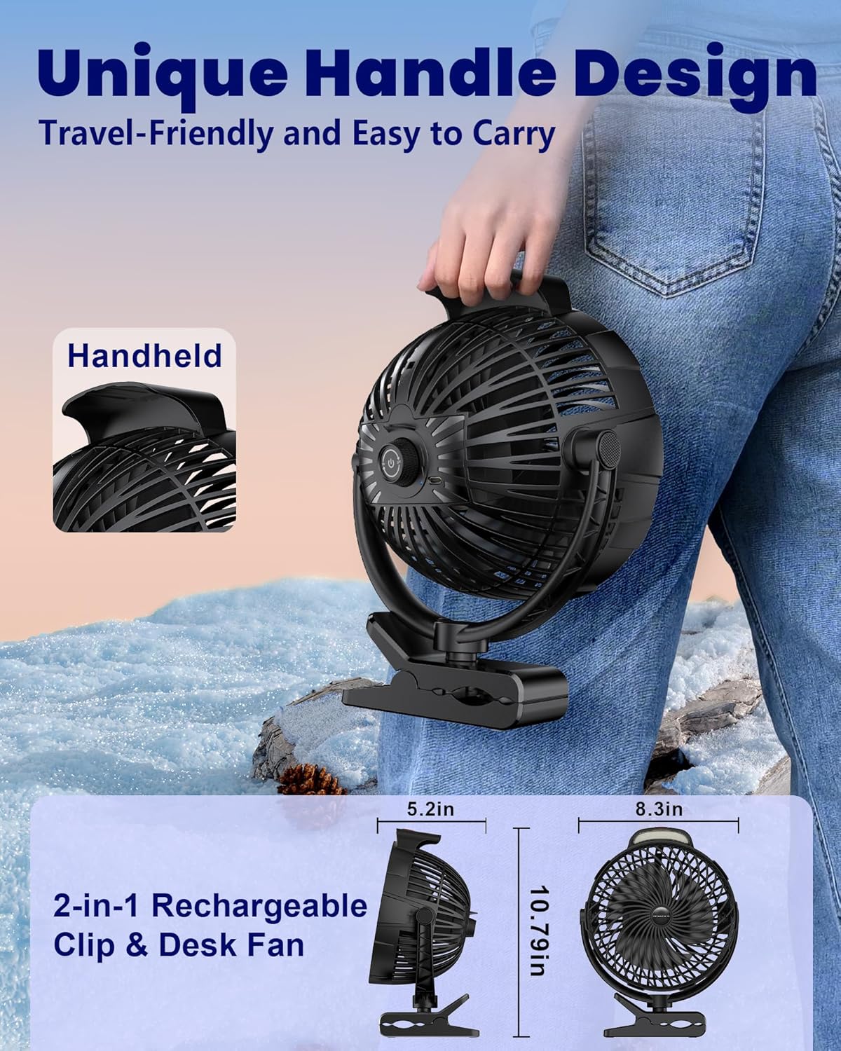10000mAh Clip on Fan, 8-Inch Golf Cart Fan Rechargeable with LED Light, 9 Speeds Strong Airflow, Ultra Quiet, 30Hrs Runtime, 360° Rotation, Cooling for Bed Camping Office Desk Dorm, Black