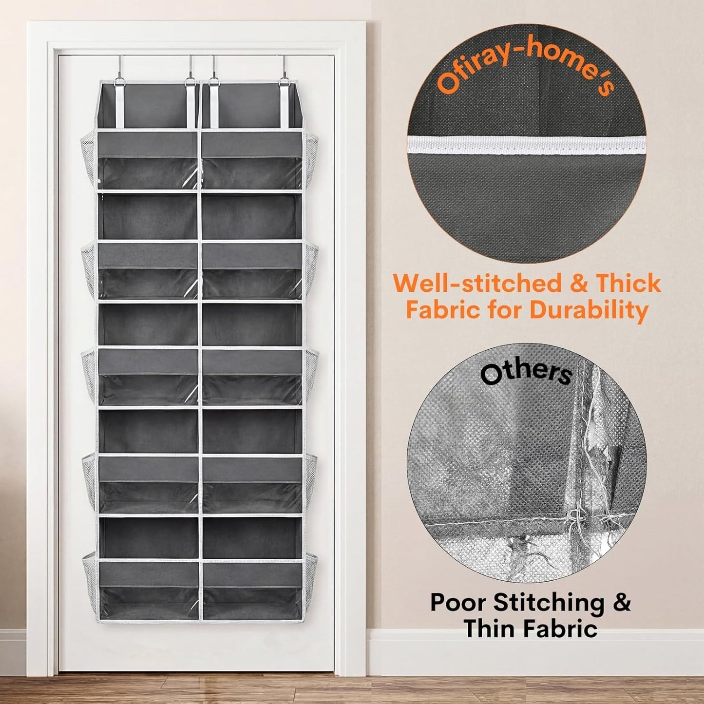 Over The Door Organizer, 5-Tier Extra Large Behind Door Storage with 10 Big Front & 10 Mesh Pockets, 80lb Capacity, Hanging Storage Organizer with Clear Window Kids Toys, Shoes, Diapers, Light Grey