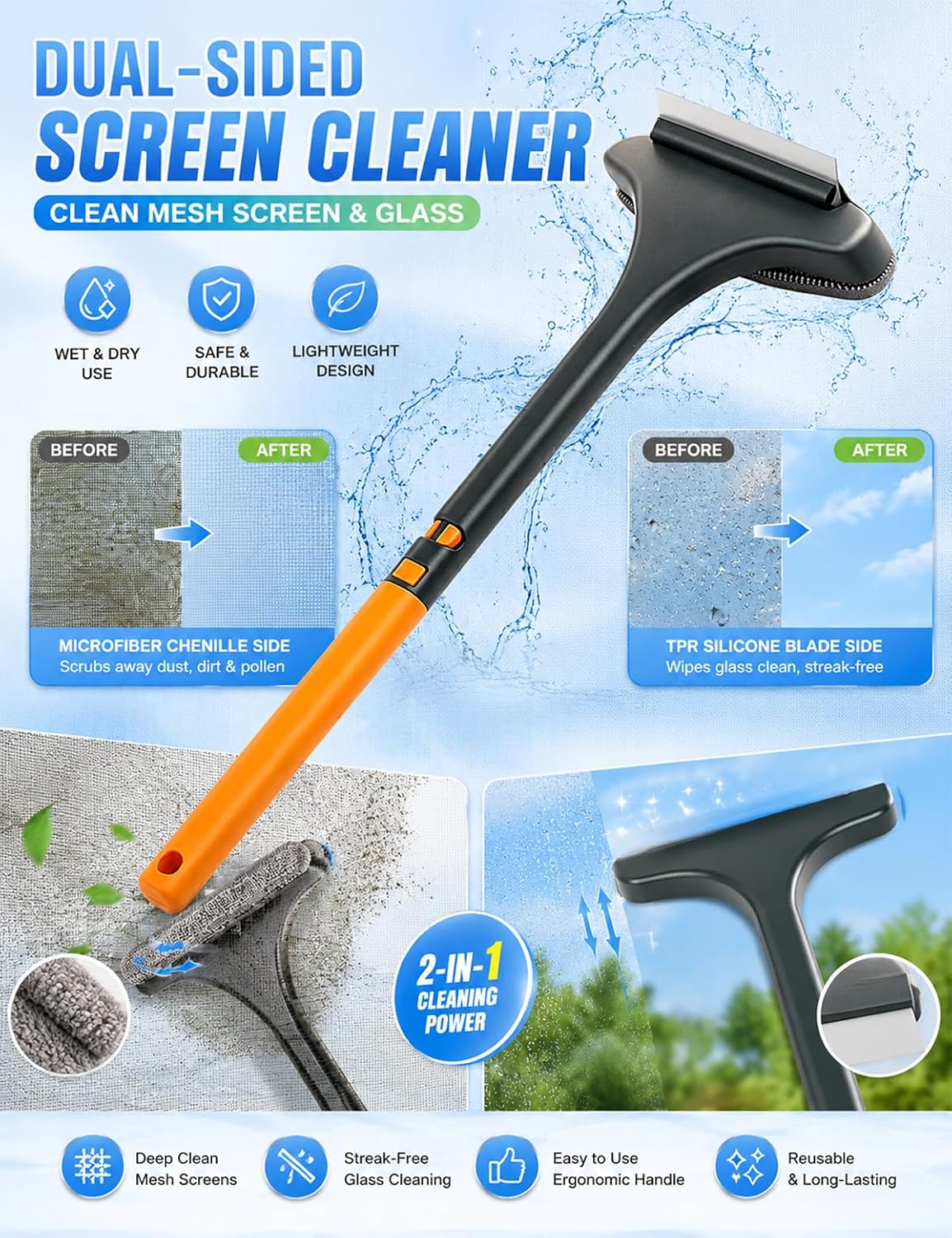 Window Screen Cleaner Tool Brush Squeegee for Shower Glass Sill Mesh 30 Second Magic Double Sided Dual-Use No-Removal Vacuum Washer Outdoor Full Crystal Outside Wiper