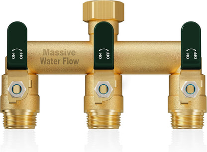 3 Way Hose Splitter, Heavy Duty Full Flow Garden Water Hose Bib Spigot Splitter, Brass Rust and Freeze Resistant Outdoor Faucet Splitter, T Adapter Connector with 3/4 - Inch GHT Thread （Green）