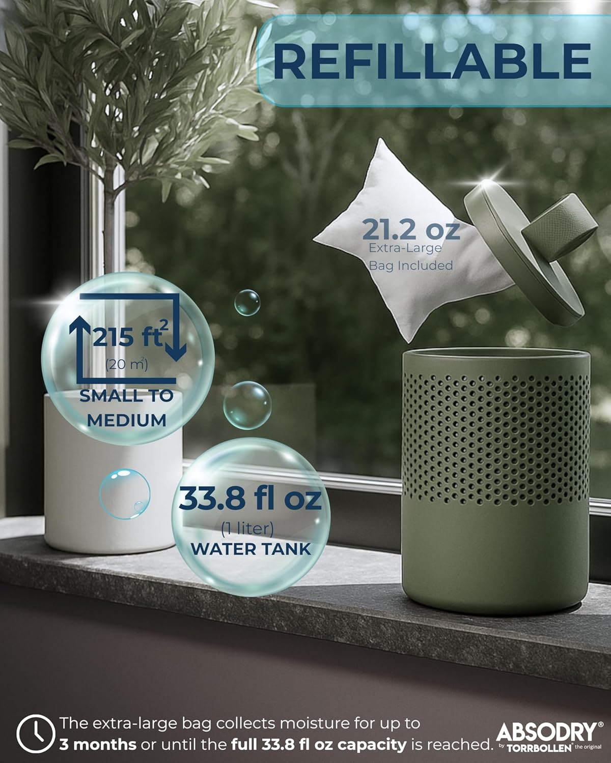 Absodry by Torrbollen Moisture Absorber 1.3lb Bag — Dehumidifier for Bedroom, Electricity & Battery Free Dehumidifiers for Home, Air Freshener and Purifier for Home Up to 90 Days, 269 ft² (White)