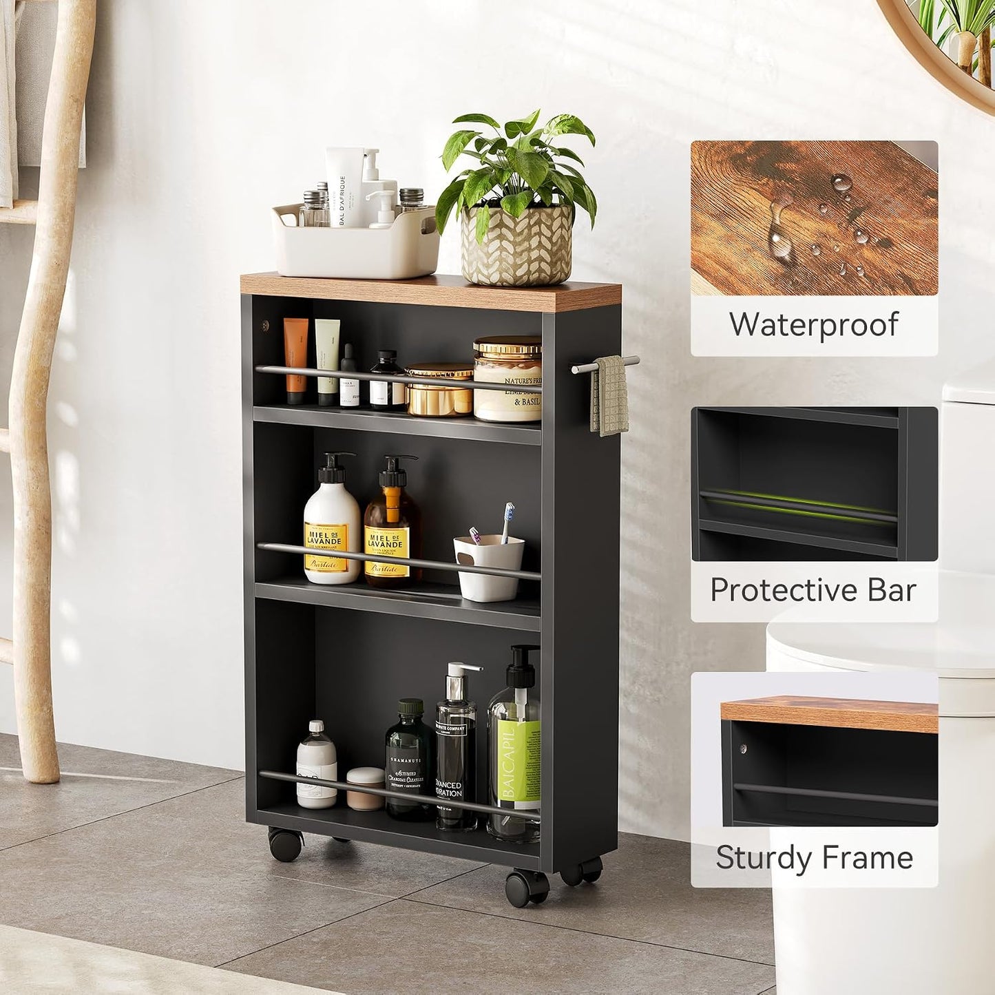 LITTLE TREE 4 Tier Rolling Cart with Wheels, 6.3 Inch Slim Storage Cart, Wooden Snack Cart with Narrow Shelf, White Laundry Room and Bathroom Organizer Shelves