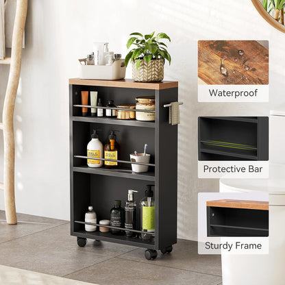 LITTLE TREE 4 Tier Rolling Cart with Wheels, 6.3 Inch Slim Storage Cart, Wooden Snack Cart with Narrow Shelf, White Laundry Room and Bathroom Organizer Shelves