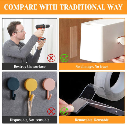 Double Sided Tape Heavy Duty for Wall Decor No Damage to Paint,Clear Removable Mounting Tape,Nano Two Sided Adhesive Tape,Picture Hanging Strips for Posters,Stickers - 3Rolls,Total(1.18in*20FT)
