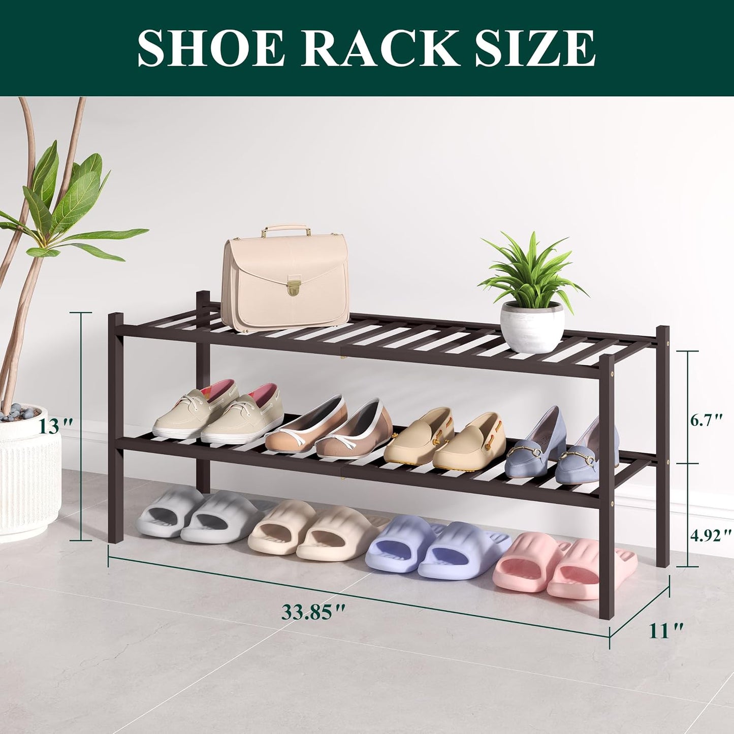 Smiry Bamboo Shoe Rack for Closet, 3 Tier Wooden Shoe Organizer, Stackable Wood Shoe Storage Shelf for Entryway, 14 Vertical Slats, One-piece Heavy-Duty Legs, 26.77"x11.02"x18.31", Natural