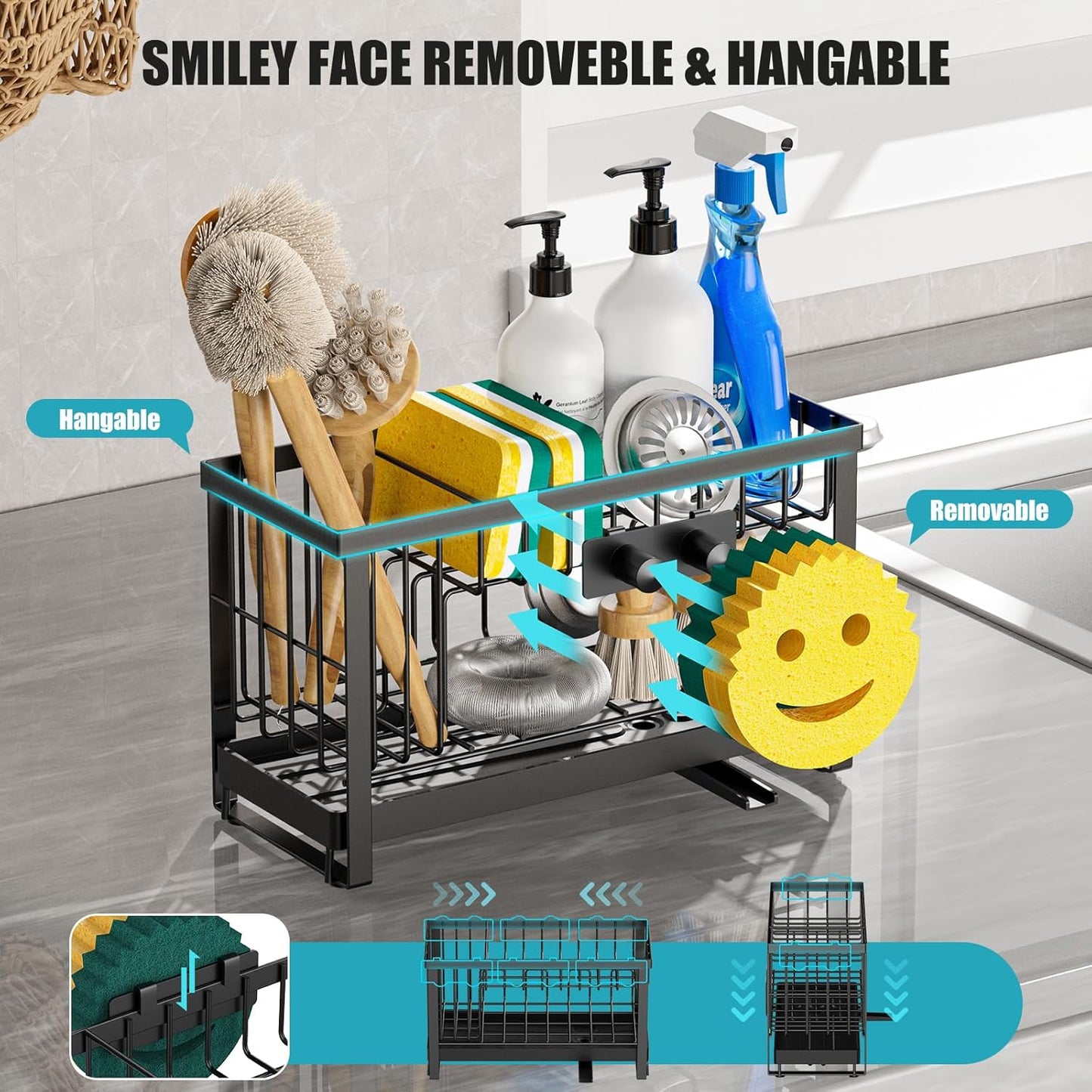 Sponge Holder for Kitchen Sink,Smiley Face Sink Caddy with Removable Brush Holder,Self-Draining Sponge Caddy for Soap,Dish Brush,Scrubber,Kitchen Essentials and Gadgets-Silver