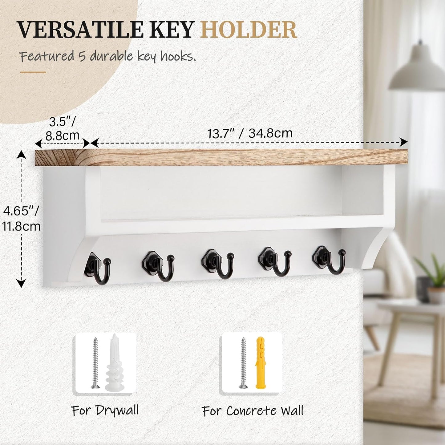 Nekon Key Holder Wall Mount, Wall Organizer Shelf with 5 Key Hooks, Room Decor for Home and Apartment Essentials, White