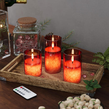 VIODAIM Ice Crystal Real Wax Glass Flameless Candles with Remote & Timer, Battery Operated Candles with Warm Flickering Flame, Realistic LED Candle for Wedding Home Decor [D3×H4/5"/6"] Gold, 3Pack