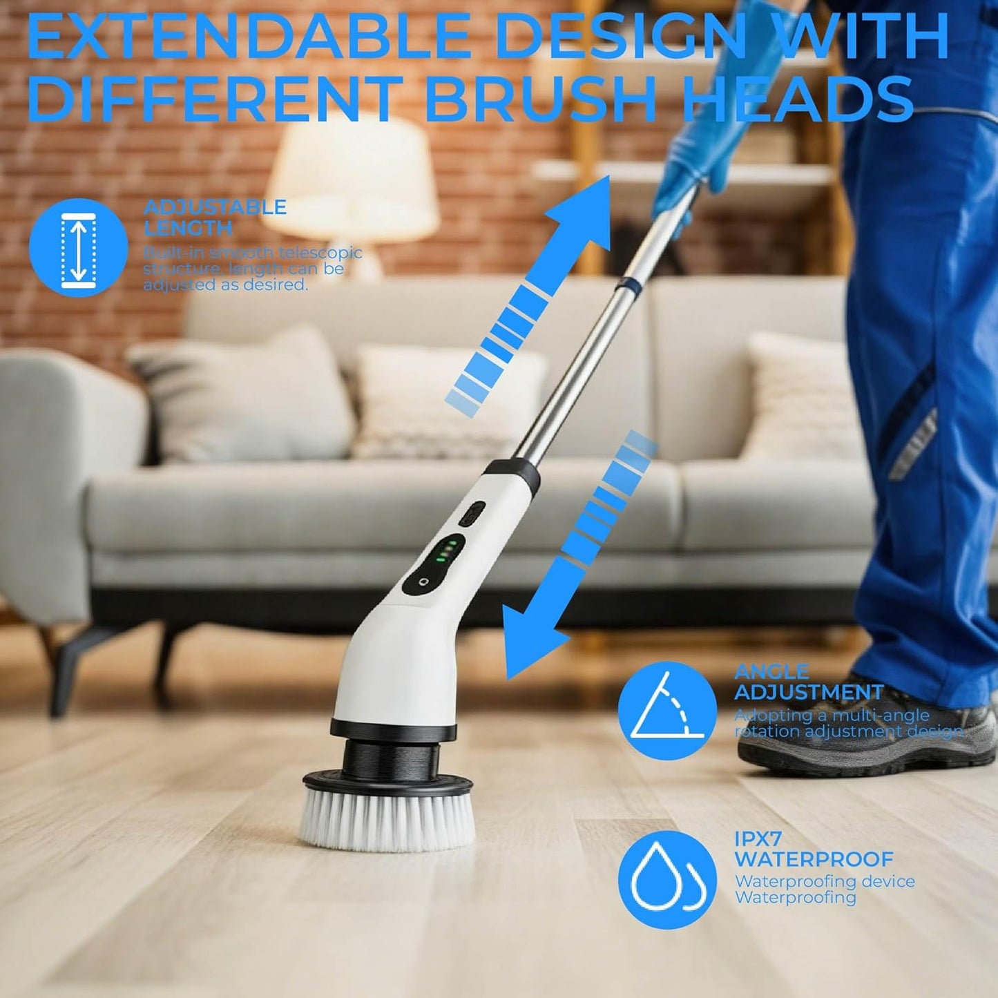 Electric Spin Scrubber for Bathroom, Cordless & Rechargeable with 6 Interchangeable Heads, Extendable Long Handle 48 in for Tile, Grout, Tub & Floor Cleaning
