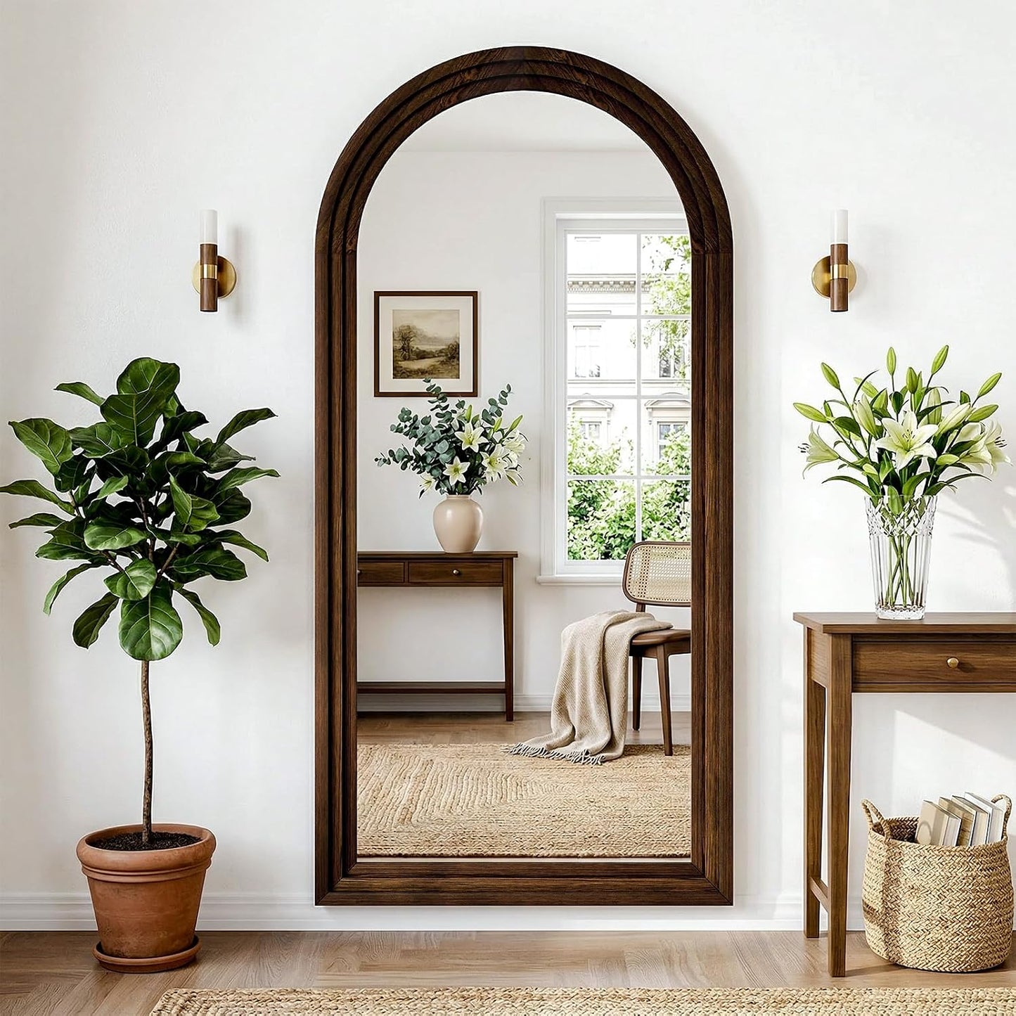 30"x71" Full Length Mirror Solid Wood Frame, Arched Floor Mirror Full Length with Stand, Room Decor Big Full Body Mirror with HD Tempered Glass for Bedroom, Living Room, Walnut Wood