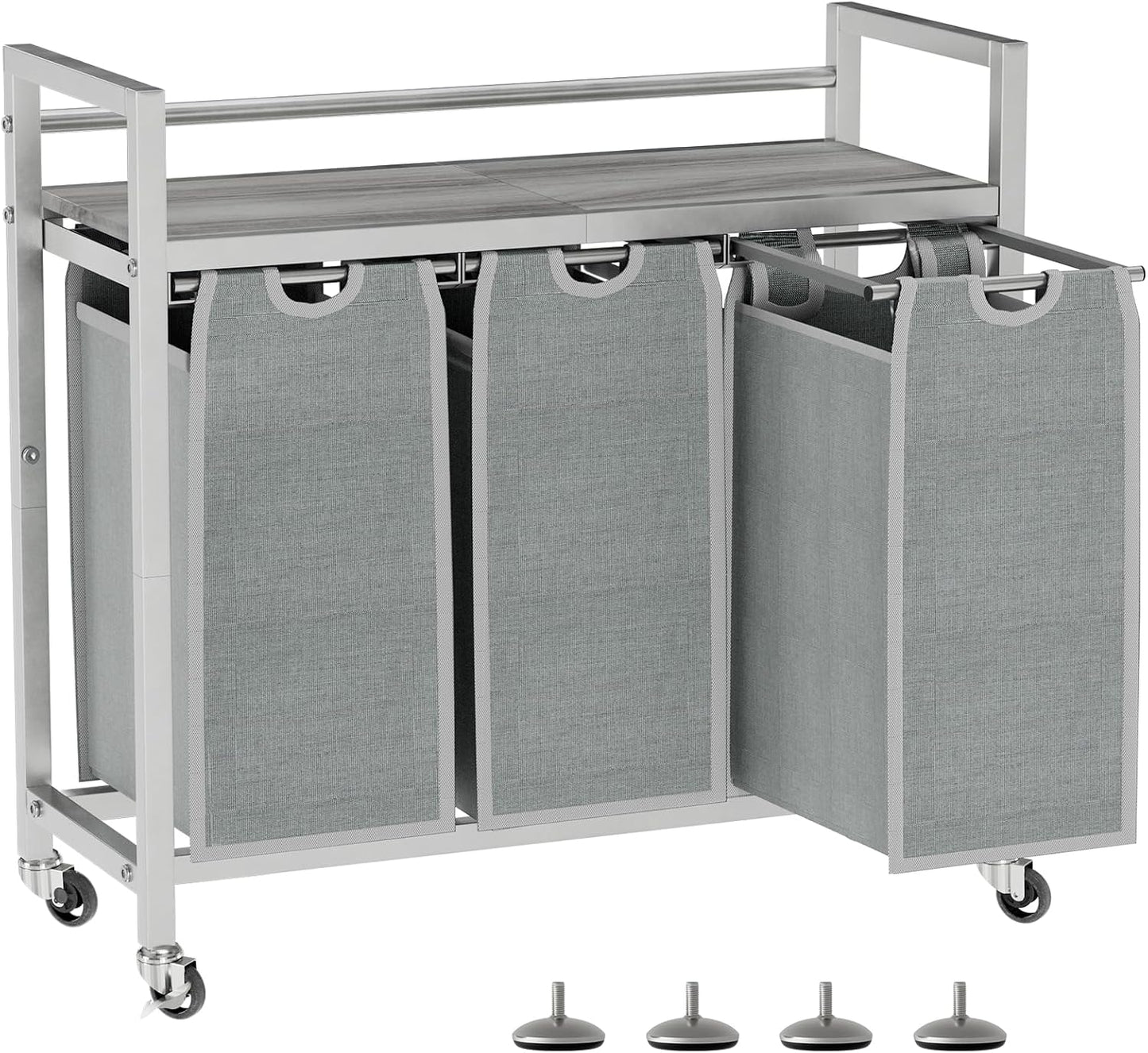 SwaaVee Laundry Sorter, Laundry Hamper 3 Section, 3×11.4Gal, Metal Frame Rolling Laundry Basket with Wooden Top Shelf, Pull out and Removable Laundry Bags, 3 Bags-Gray