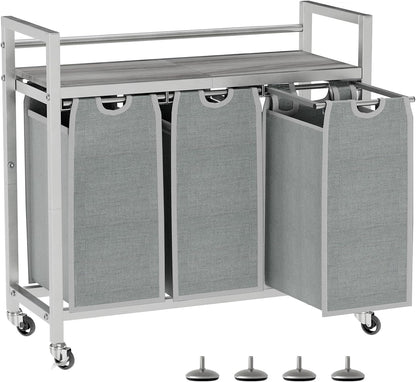 SwaaVee Laundry Sorter, Laundry Hamper 3 Section, 3×11.4Gal, Metal Frame Rolling Laundry Basket with Wooden Top Shelf, Pull out and Removable Laundry Bags, 3 Bags-Gray