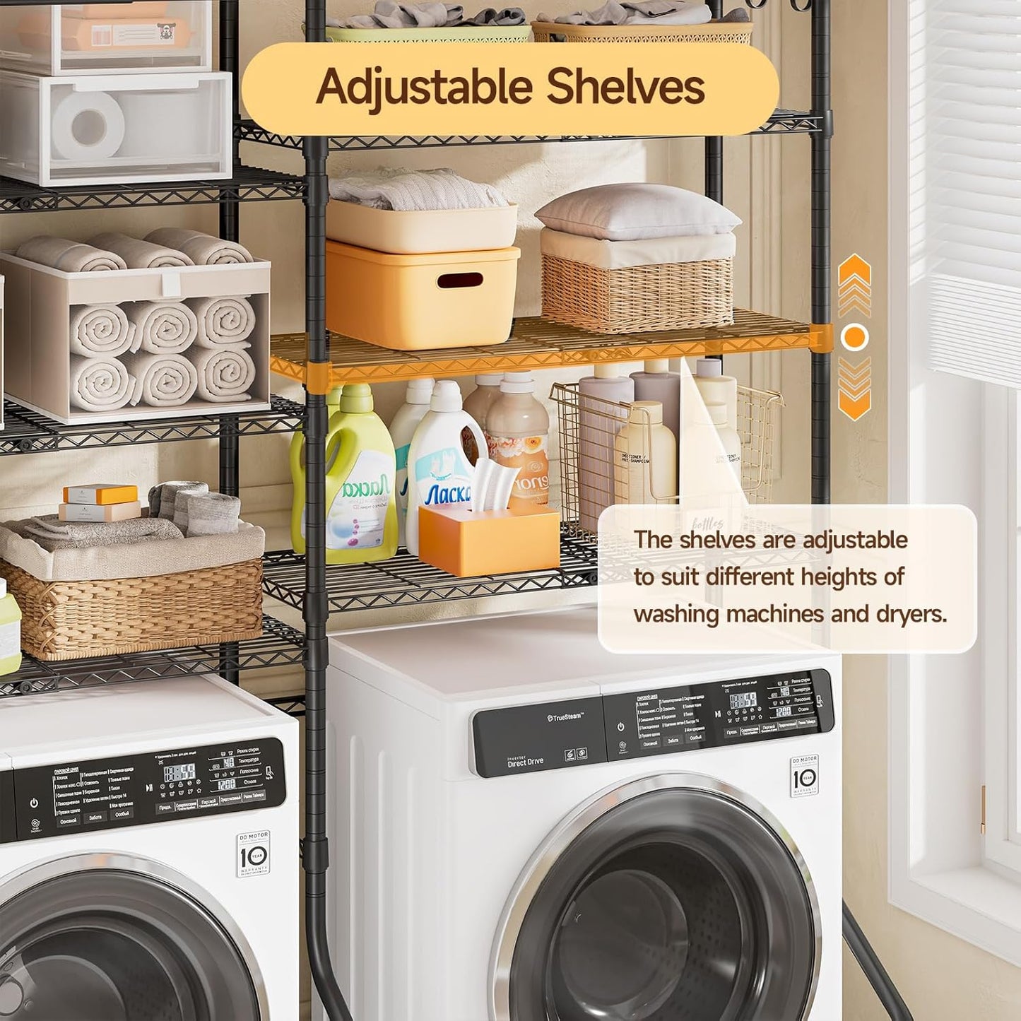 ONBRILL Expandable Over Washer and Dryer Shelves, 6 Tiers Laundry Room Organization and Storage with 2 Hanger Rods, 4 Hooks, Adjustable Height Metal Freestanding Clothes Drying Rack, Black
