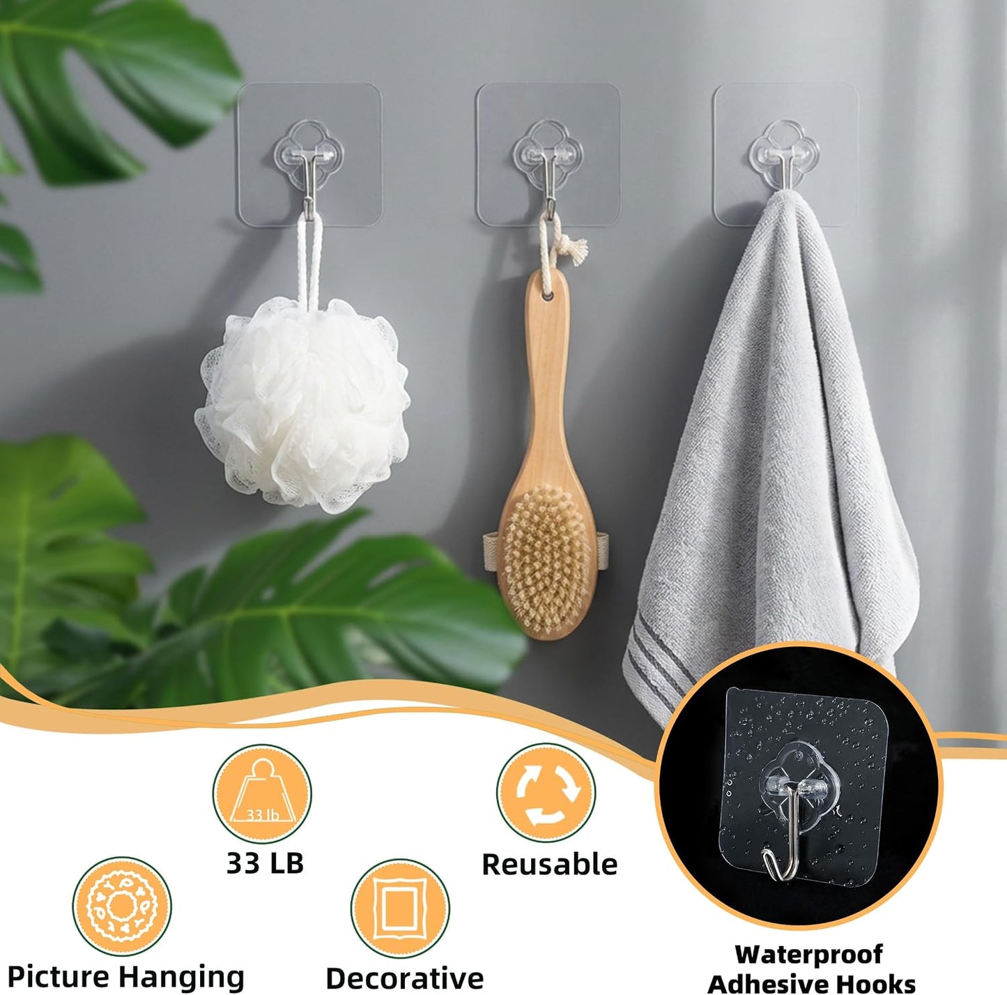 Adhesive Wall Hooks for Hanging, 50 Pack Heavy Duty Stainless Self Sticky Hooks, Waterproof and Rustproof Clear Self Adhesive Utility Hooks for Bathroom Kitchen Office Outdoor Inside Wardrobe Towel