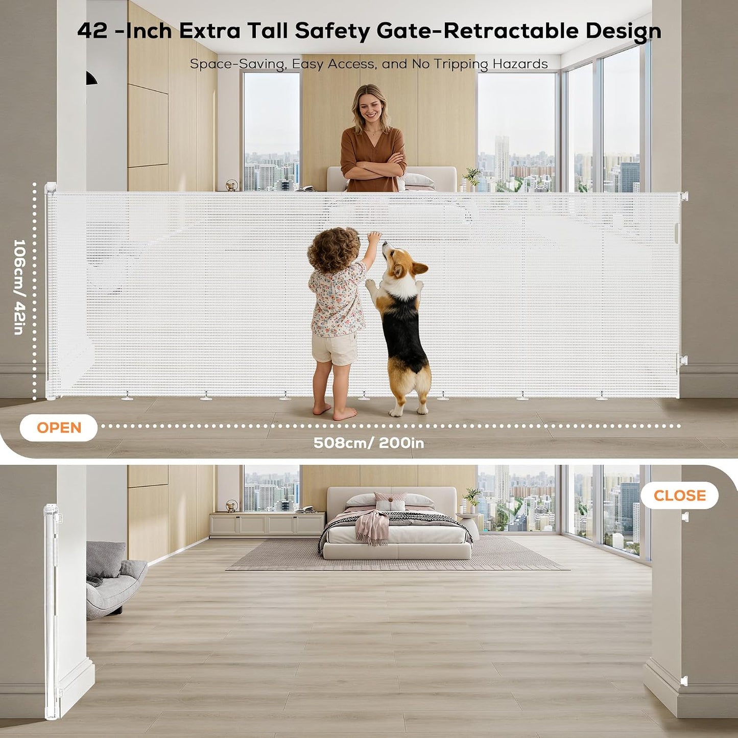 Retractable Baby Gate for Stairs, 42" Tall X 200" Wide Mesh Dog Gate Indoor, Child Gate for Doorways, Hallways, Deck, Indoor Outdoor Pet Baby Safety Essentials for Home, Black