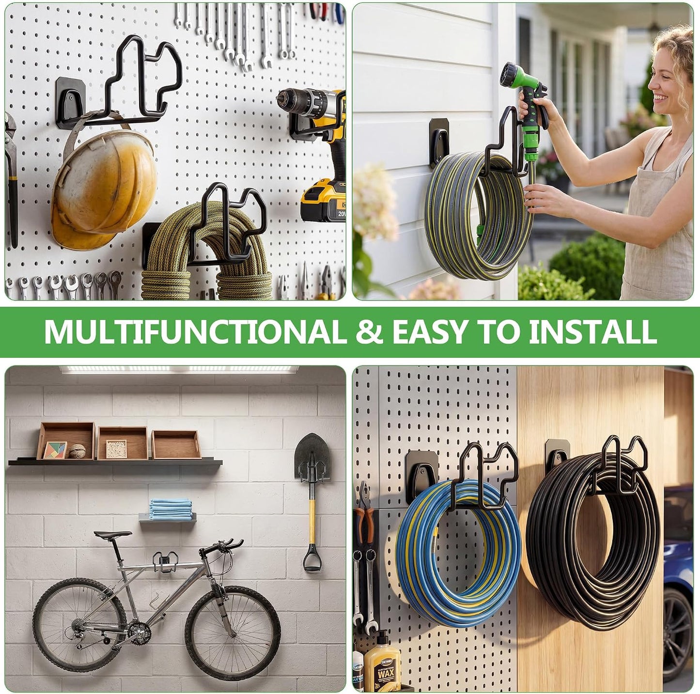 Heavy Duty Garden Hose Holder Wall Mount - Gloss Black Rust-Resistant Metal Hanger with Nozzle Slot, PVC Coated for Indoor/Outdoor Use