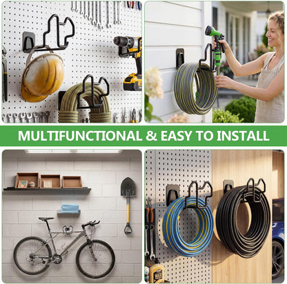 Heavy Duty Garden Hose Holder Wall Mount - Gloss Black Rust-Resistant Metal Hanger with Nozzle Slot, PVC Coated for Indoor/Outdoor Use