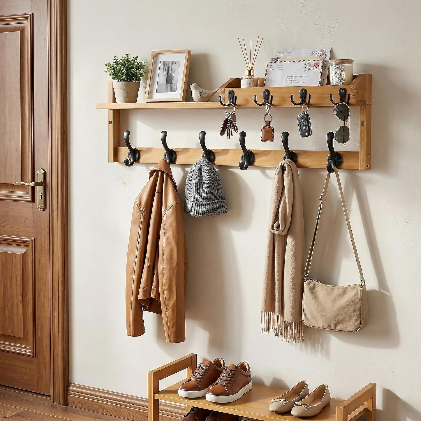 Coat Rack Wall Mount with Shelf, 27.5" Entryway Wall Hanging Shelf, Coat and Key Hanger with 10 Dual Hooks, Mail Organizer and Key Holder Hat Rack for Wall, Wood Coat Hooks with Storage