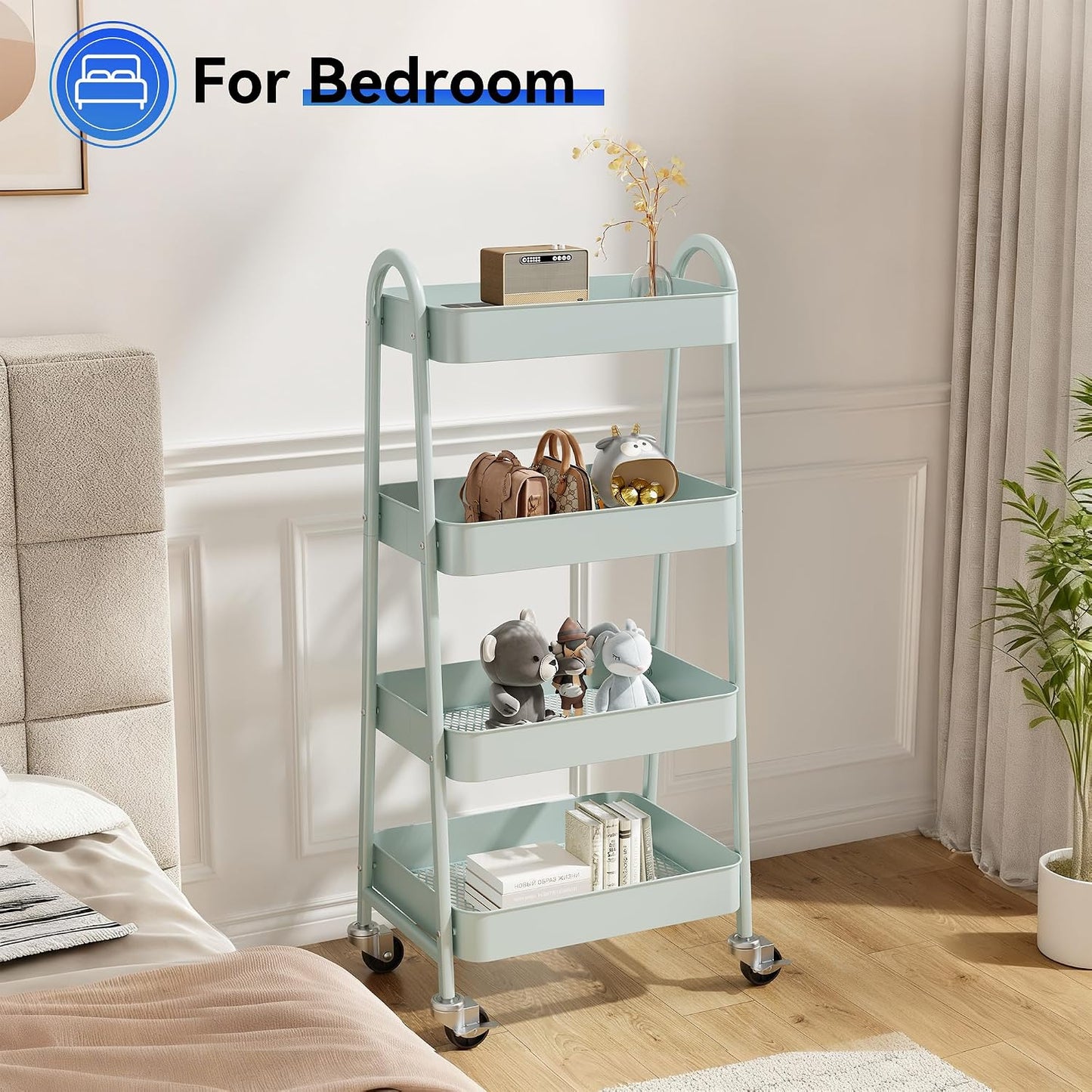 OLIXIS Metal 4 Tiers Utility Rolling Cart, Mobile Storage Shelf with Lockable Caster Wheels, Organization for Livingroom, Bathroom, Kitchen, & Narrow Places, 4-Tier Green