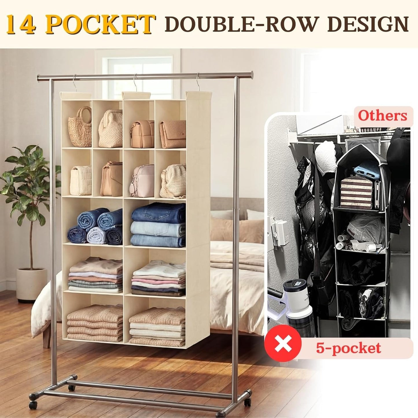 Ofiray-home 6 Tier Hanging Closet Organizer, 16 Compartments Sweater Organizer for Closet with 3 Sturdy Hooks, Closet Organizers and Storage, Wardrobe, Rv, Garment Rack, Grey