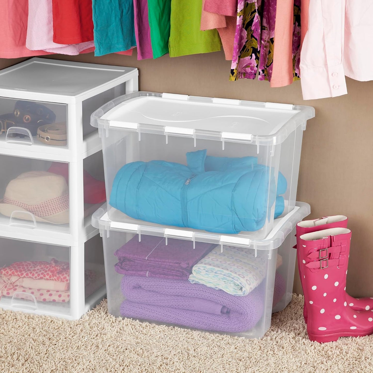 Sterilite 6 Pack Storage Box, 41 Quart Stackable Tote, Clear Plastic Container with Secure Snapping White Lids for Home and Office Organization