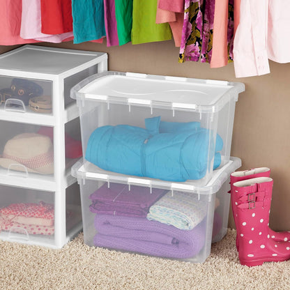 Sterilite 6 Pack Storage Box, 41 Quart Stackable Tote, Clear Plastic Container with Secure Snapping White Lids for Home and Office Organization