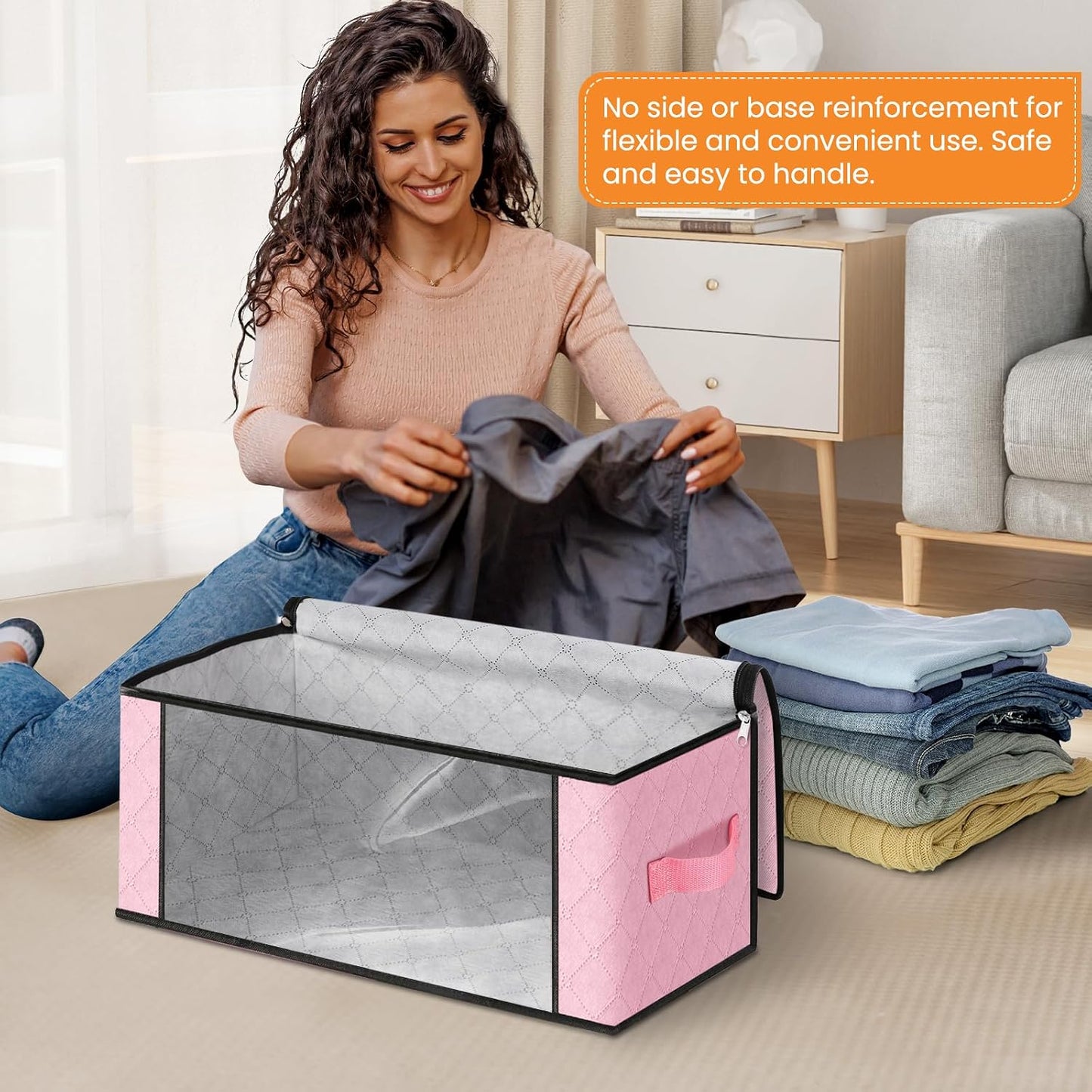 Fab totes 6 Pack Storage Bags for Clothes and Blanket, Foldable Closet Organizers and Storage with Zippers, Clear Window and Handles, Fabric Storage Bins for Sweater, Comforter, Bedding,Linen Sheets