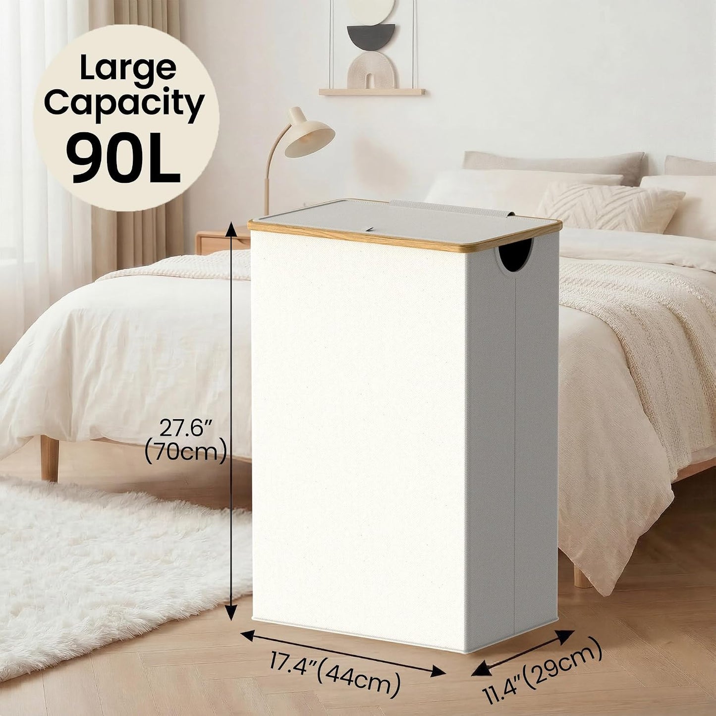 efluky Slim Laundry Basket with Lid, Narrow Laundry Hamper with Removable Bag, Skinny Dirty Clothes Basket with Bamboo Handles for Bathroom, Bedroom & Laundry Room, 75L Beige