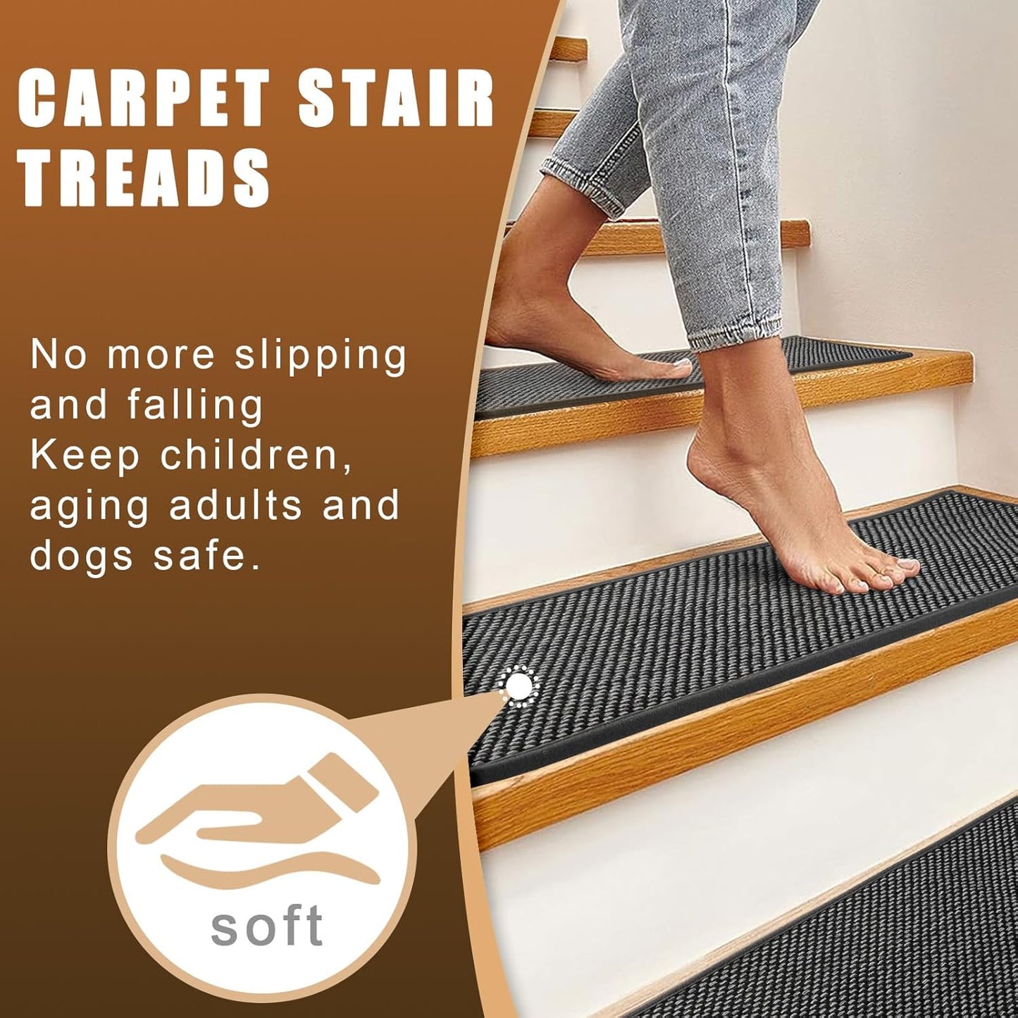 15Pcs Stair Treads for Wooden Steps With Self Adhesive, 8"x30" Non Slip Stair Runners-Peel & Stick Indoor Stair Carpet Runner, Resistant Runner for Kids, Elders and Pets, Black