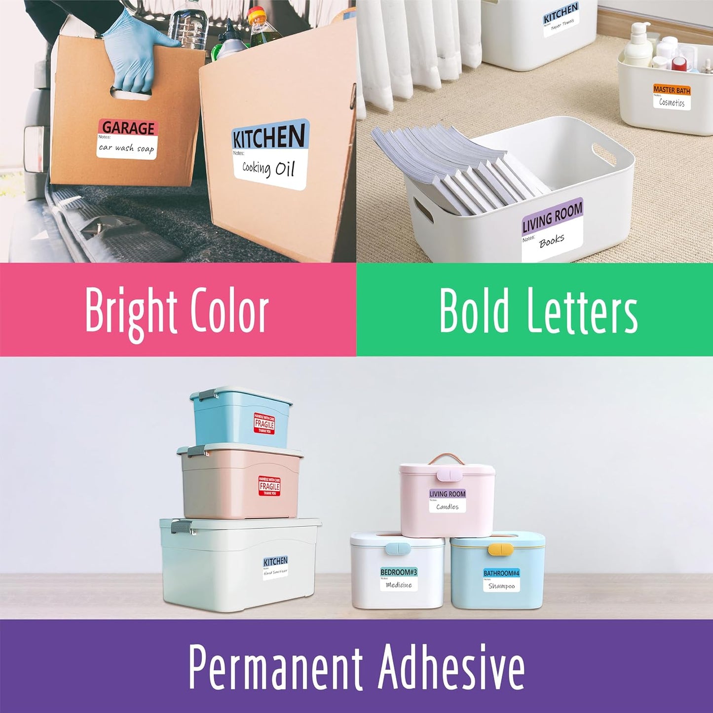 Hebayy 500 pcs 20 Designs Pre-Printed Color-Coded Home Moving Packing Box Labels with Writable Notes Areas, Each Measures 2” x 3”