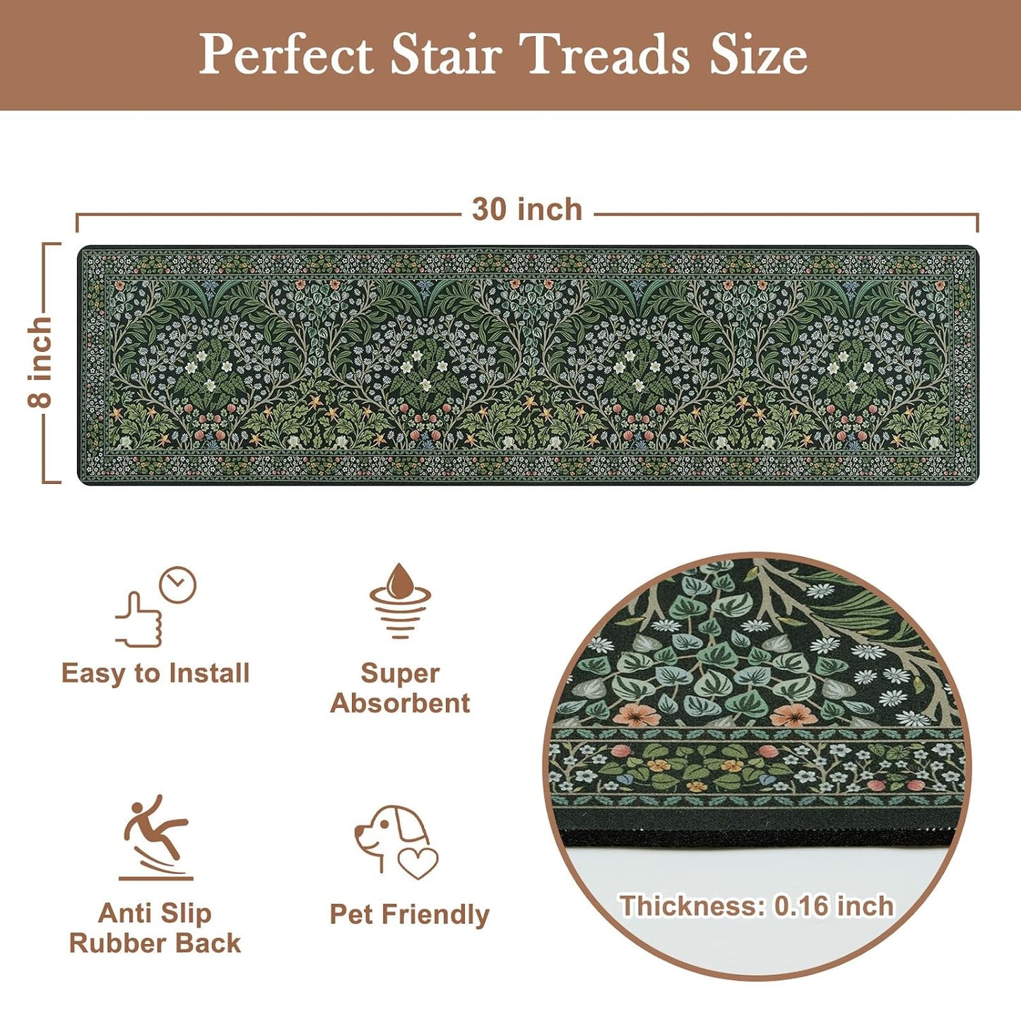 OJIA Floral Stair Treads Non-Slip Stair Runner for Wooden Steps Indoor 15PCS 30"x8" Carpet Stair Treads Stair Mats Staircase Step Treads for Kids, Elders and Dogs, Stair Covers, Black