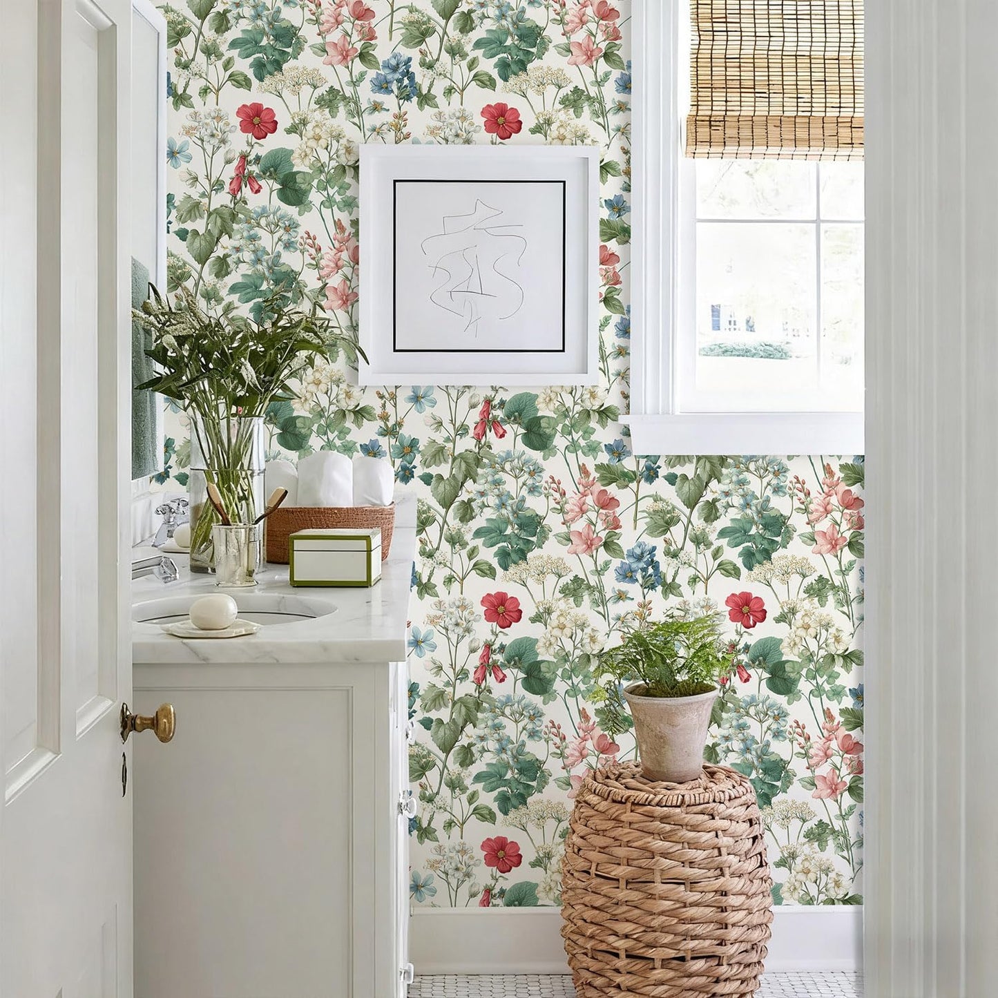 Orainege Pink Floral Peel and Stick Wallpaper Removable Self Adhesive Wallpaper 16.9inx118.1in Modern Wall Paper for Bedroom Bathroom Green Leaf Contact Paper for Cabinets