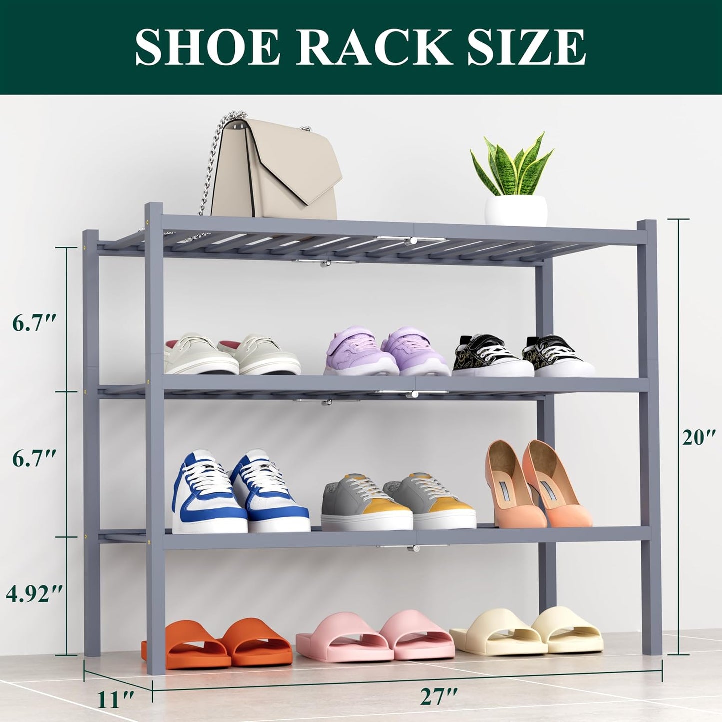 Smiry Bamboo Shoe Rack, 3 Tier Free Standing Wooden Shoe Organizer, Stackable Wood Shoe Storage Shelf for Closet, Entryway, 12 Vertical Slats, 2+1 Stack Standard Legs, 26.8"x11"x19.5", Natural