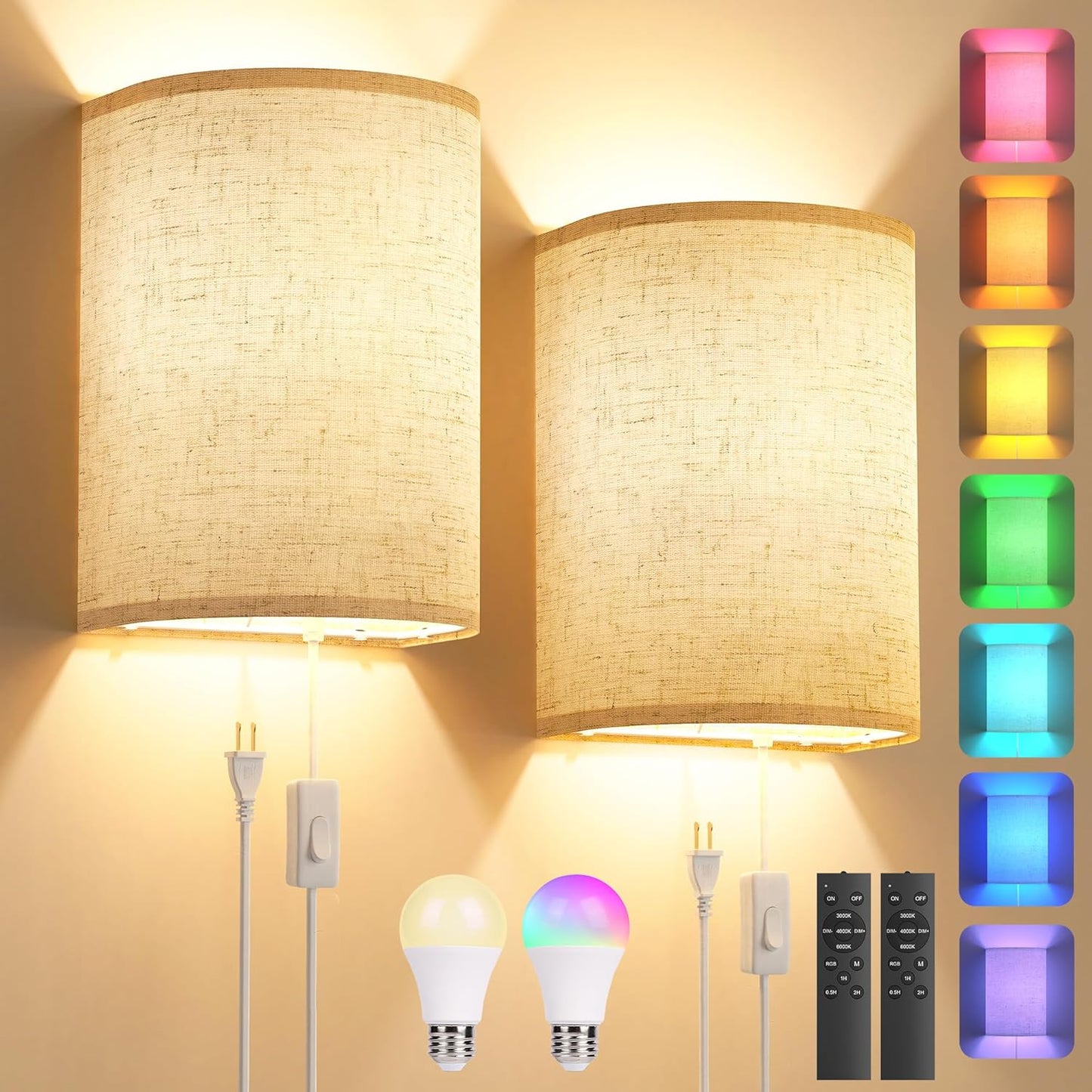 Battery Operated Wall Sconce Set of Two: 10000mAh Wireless Wall Light with Rechargeable Magnetic Bulb - Dimmable Wall Lamp with 7 RGB Colors - Linen Shade Sconces with Remote for Bedroom Living Room