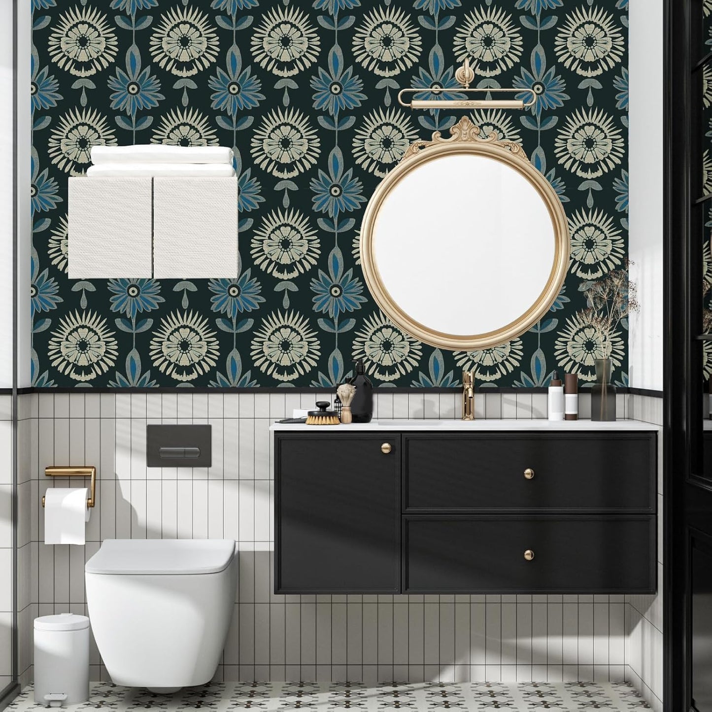 BOKEBEVE Leaves Contact Paper Floral Wallpaper Stick and Peel Boho Damask Wall Paper for Liner Drawer Cabinet Backsplash Renter Friendly Waterproof 17.5 x 118In
